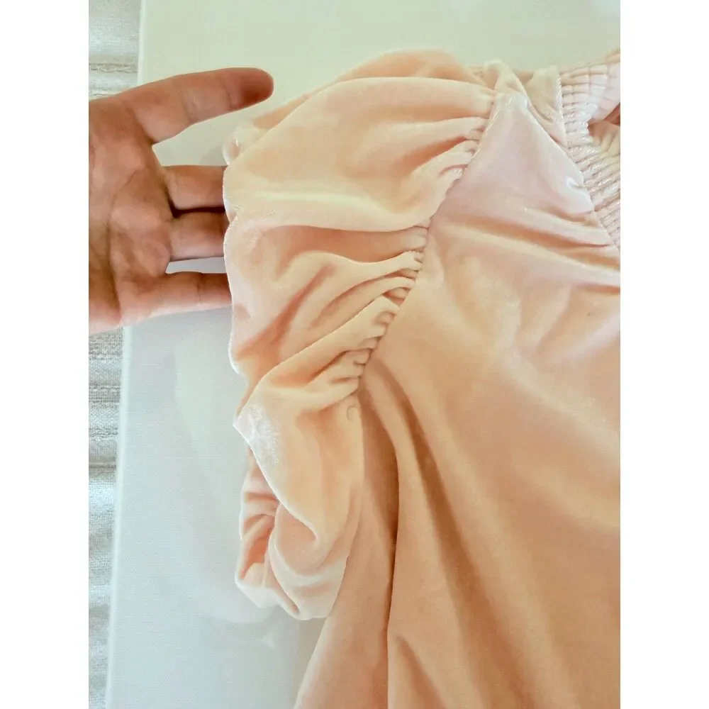 Free People Terese Blush Pink Velvet Puff Sleeve Top Size XS NWT